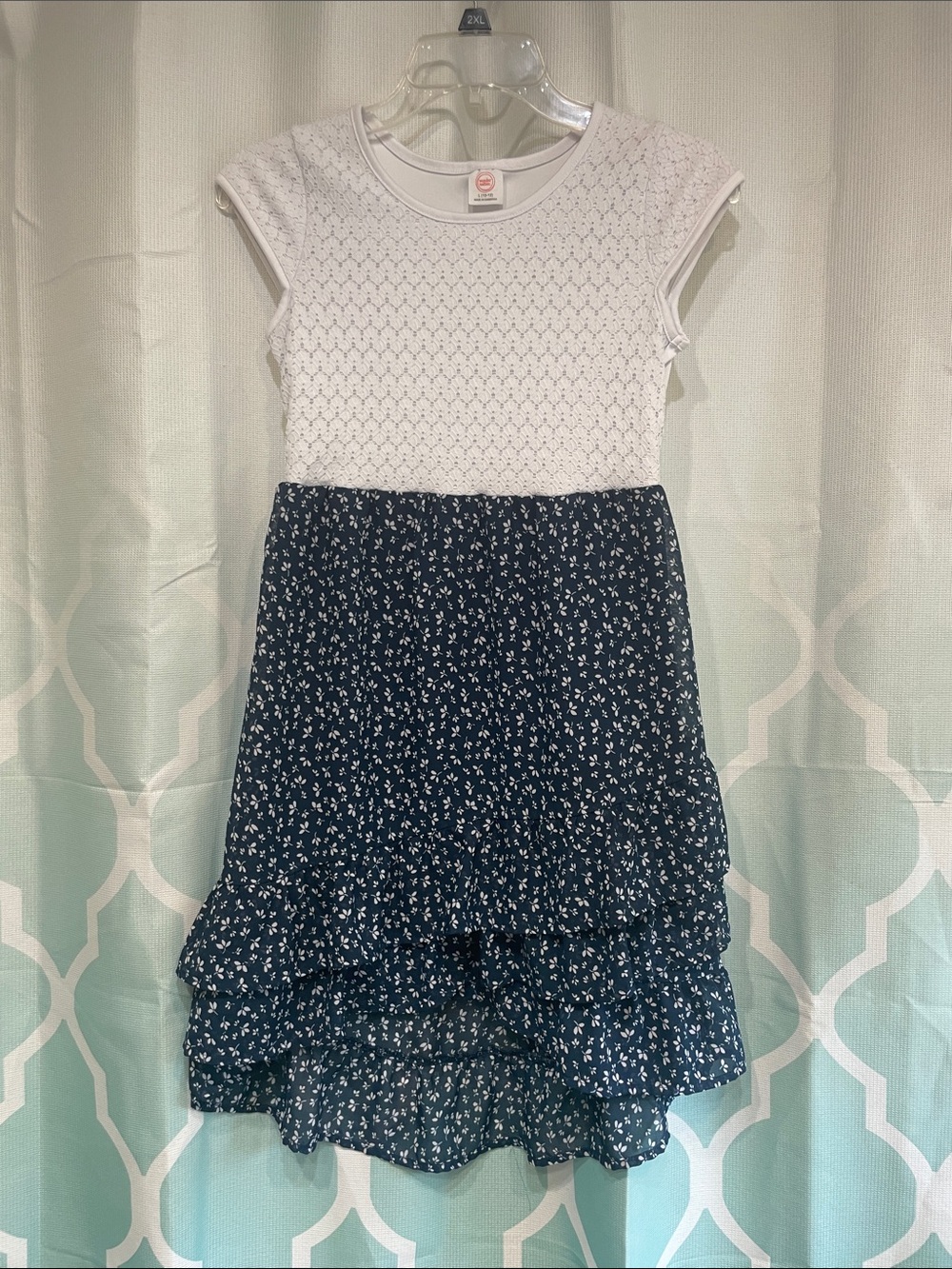 wonder nation White Knit Top with Navy Floral Tiered Skirt